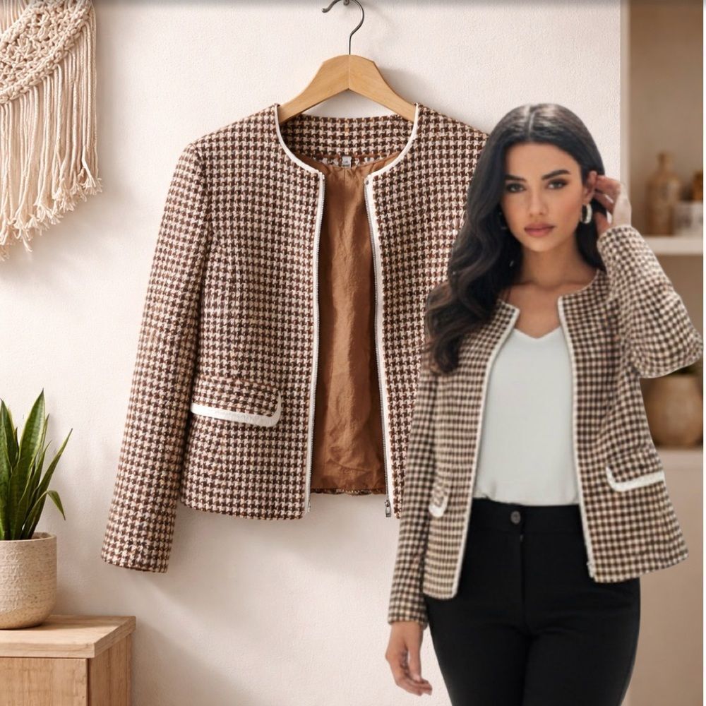 HELENE LONDON brown, tweed, zip mid waist blazer jacket, size medium